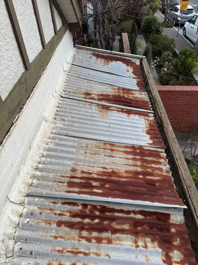 Underside detail of new corrugated roofing and timber structure