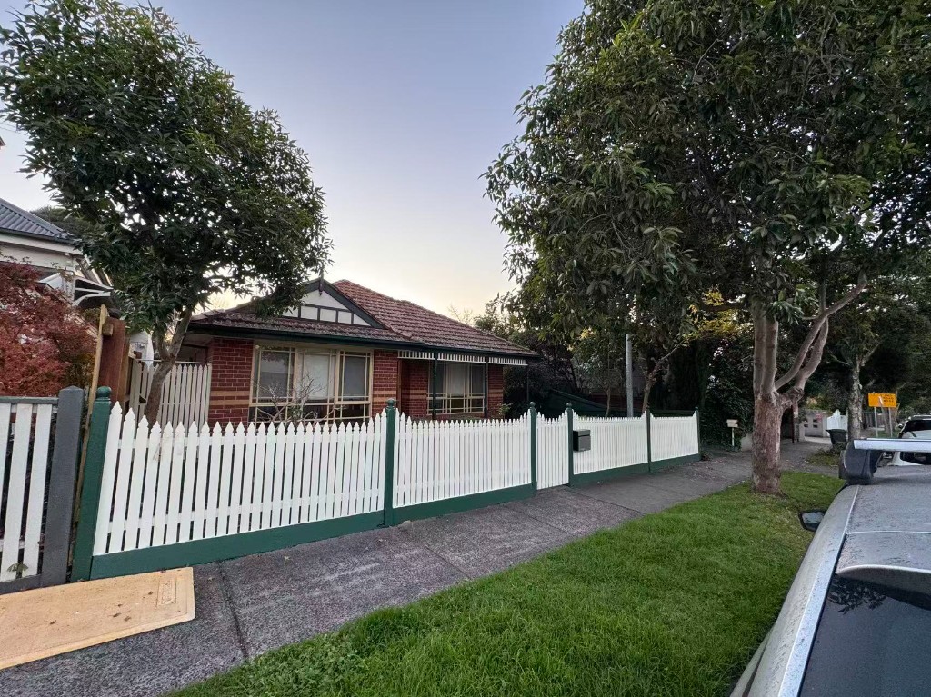 Original weathered green boundary fence before refresh
