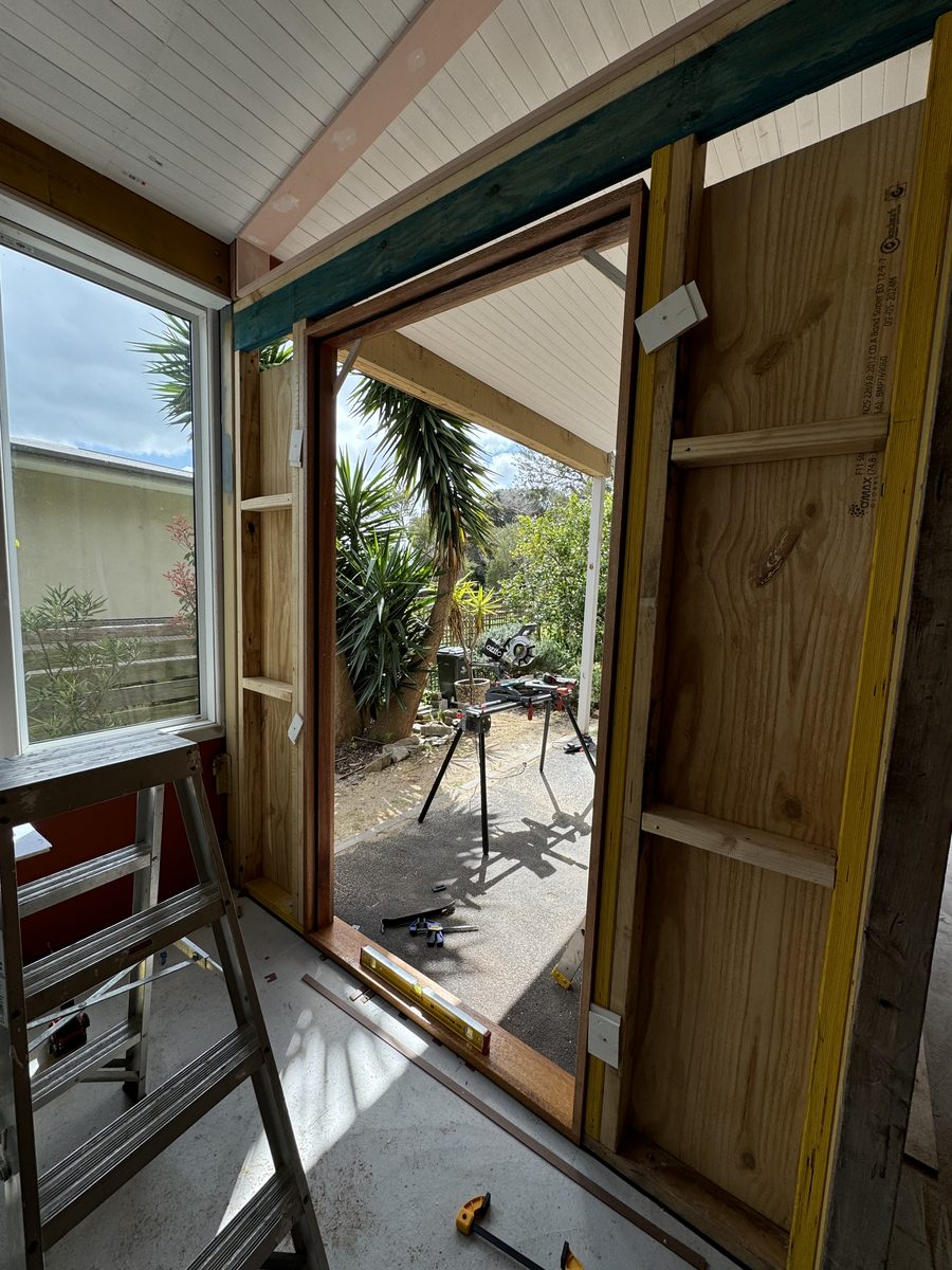 Close-up of the timber door jamb edge